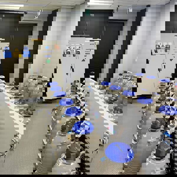 Cryogenic laboratory with Noblegen liquid nitrogen generator and storage tanks – enabling secure LN₂ supply for IVF and research.